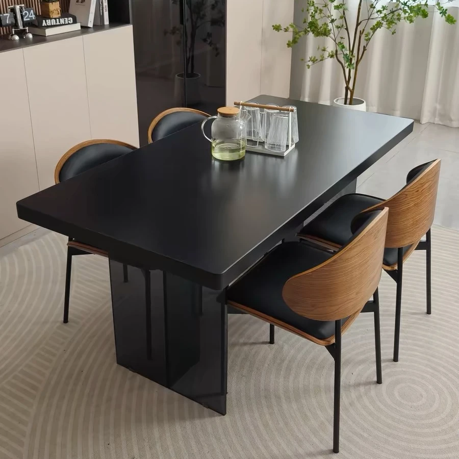 亚克力悬浮下挂轻奢餐厅餐桌意式极简款创意小户型黑色家用饭桌子
