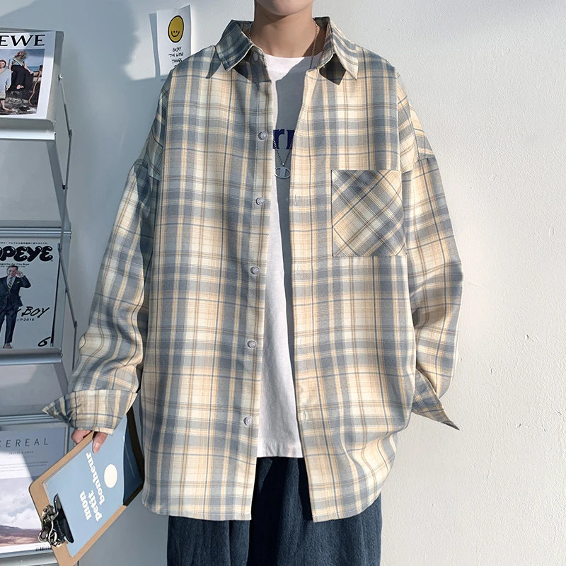 格子长袖衬衫男款春秋港风潮牌宽松百搭学生帅气男士休闲衬衣外套