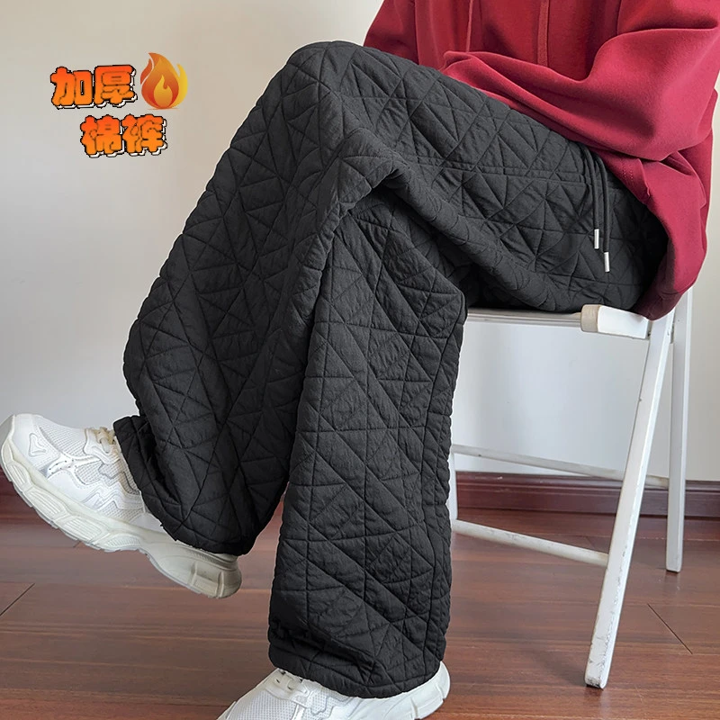 新款菱格棉裤男款冬季加厚夹棉东北防寒裤子慵懒风垂感阔腿休闲裤