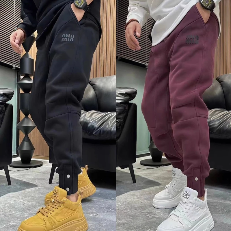 厚款拼接按扣束脚休闲裤男士秋冬季小脚卫裤时尚字母印花运动裤子