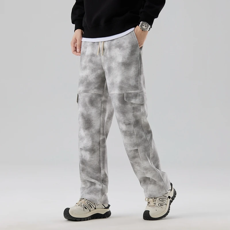 徒尘美式复古脏脏裤子男士秋冬季直筒休闲裤褶皱作脏大口袋工装裤