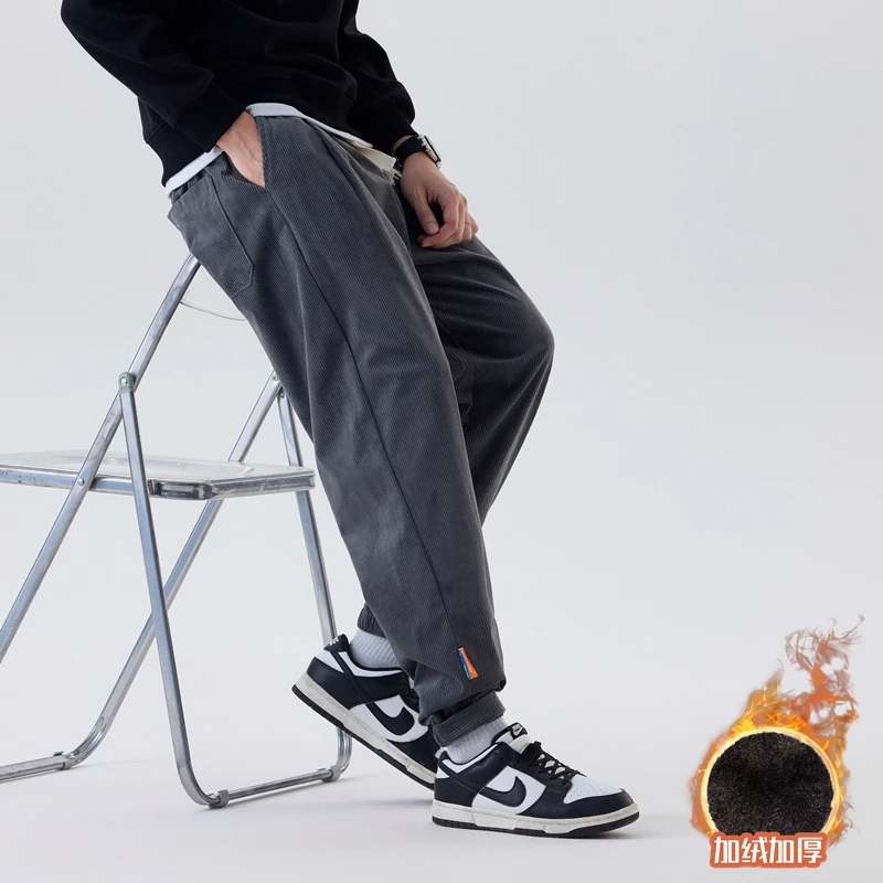 徒尘灯芯绒长裤子直筒百搭宽松休闲裤秋冬季男士加绒保暖束脚卫裤
