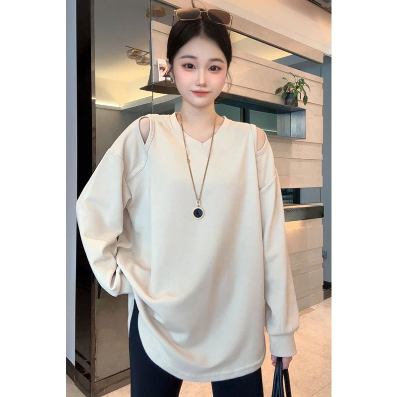 设计感双肩镂空休闲宽松女T恤长袖韩版时尚时髦松弛纯色上衣春季