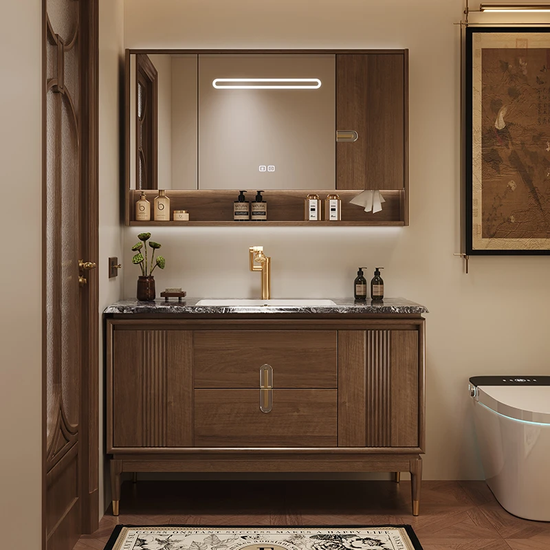 新中式乌金木浴室柜组合奢石无缝盆一体陶瓷盆洗手盆洗脸盆柜