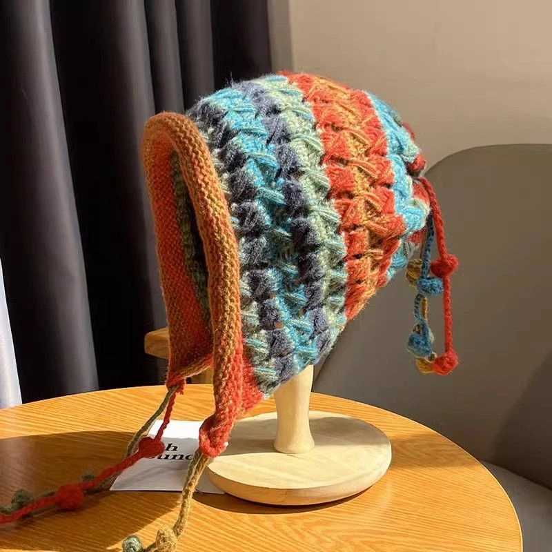 日系秋冬季手工钩针彩色球球系带毛线帽子女保暖护耳针织帽潮C078
