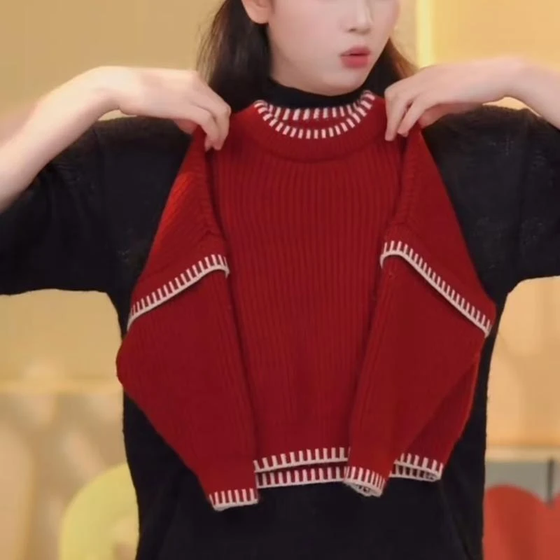 女童韩版毛衣秋冬款2025新款儿童加厚针织衫假两件拼接洋气打底衫