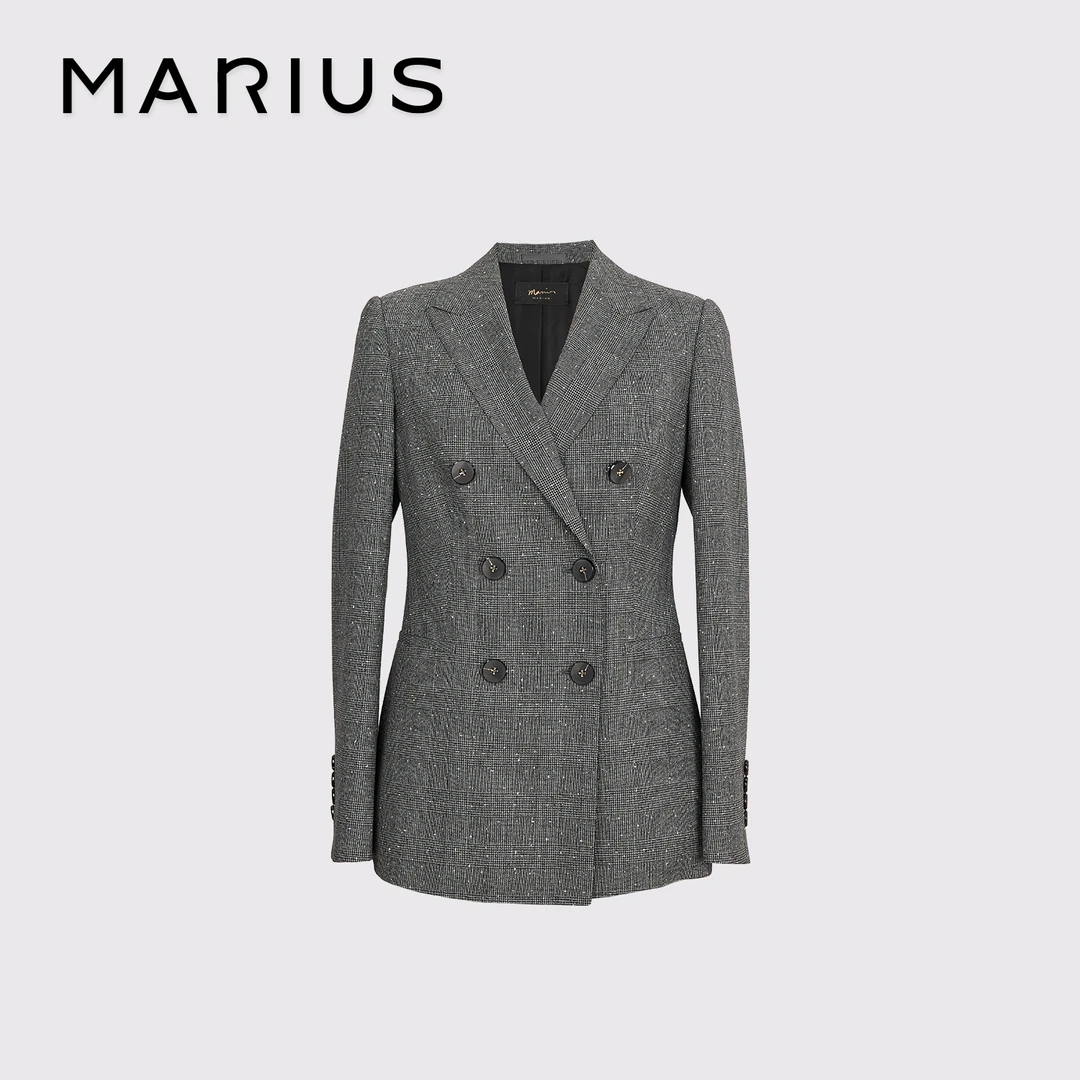 MARIUS“精英系列”时尚经典条纹戗驳领双排扣灰色休格纹混纺西装
