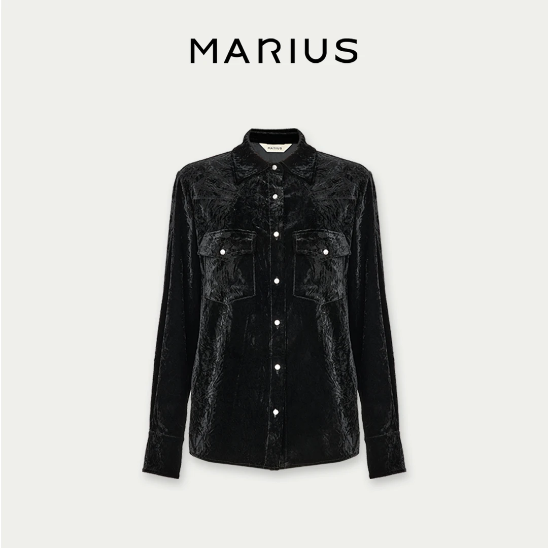 MARIUS“黑天鹅”时尚气质百搭休闲女士轻奢褶皱丝绒双袋衬衫女秋冬