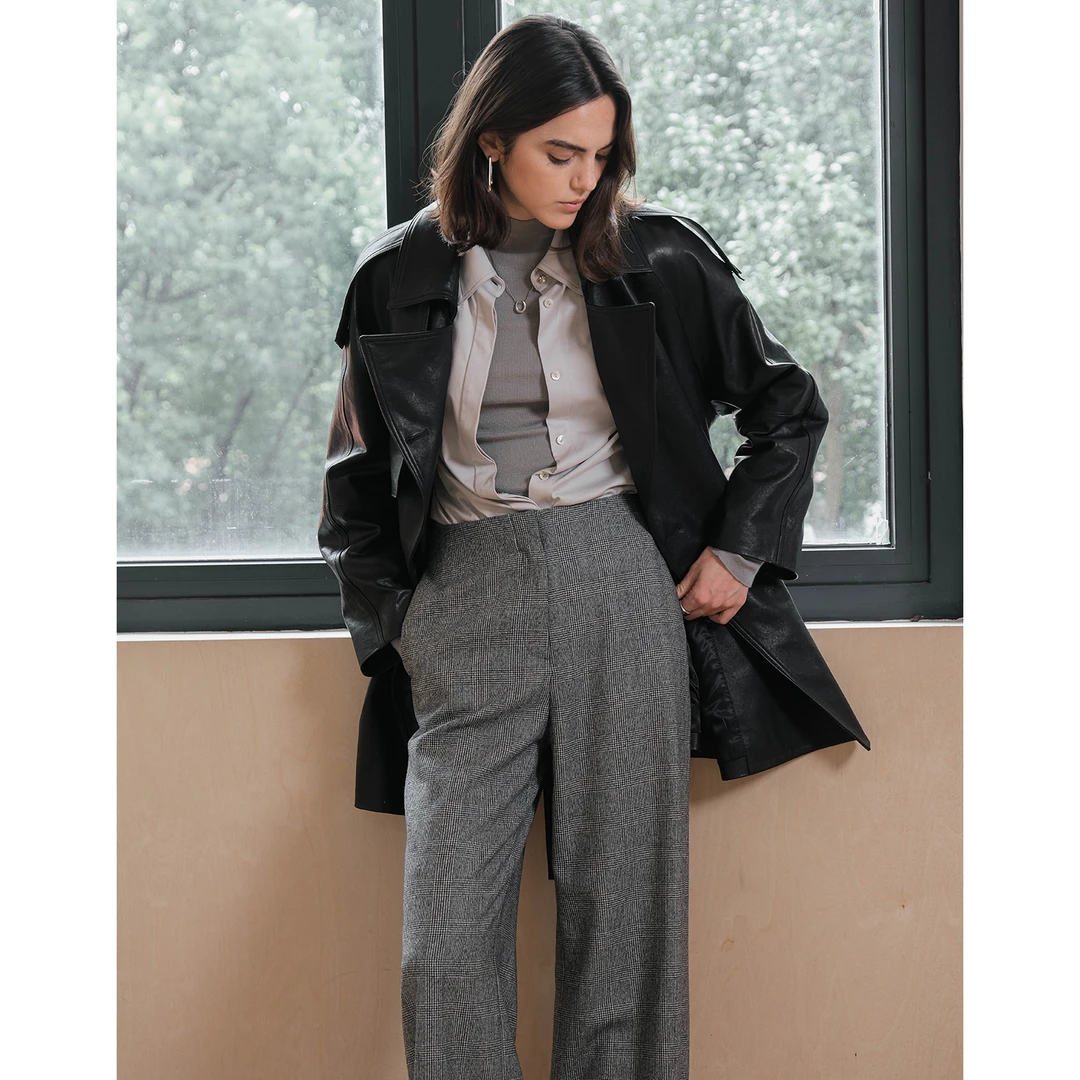 MARIUS‘’黑曼巴‘’重磅绵羊皮直身腰带中长款宽松气质黑色皮衣外套