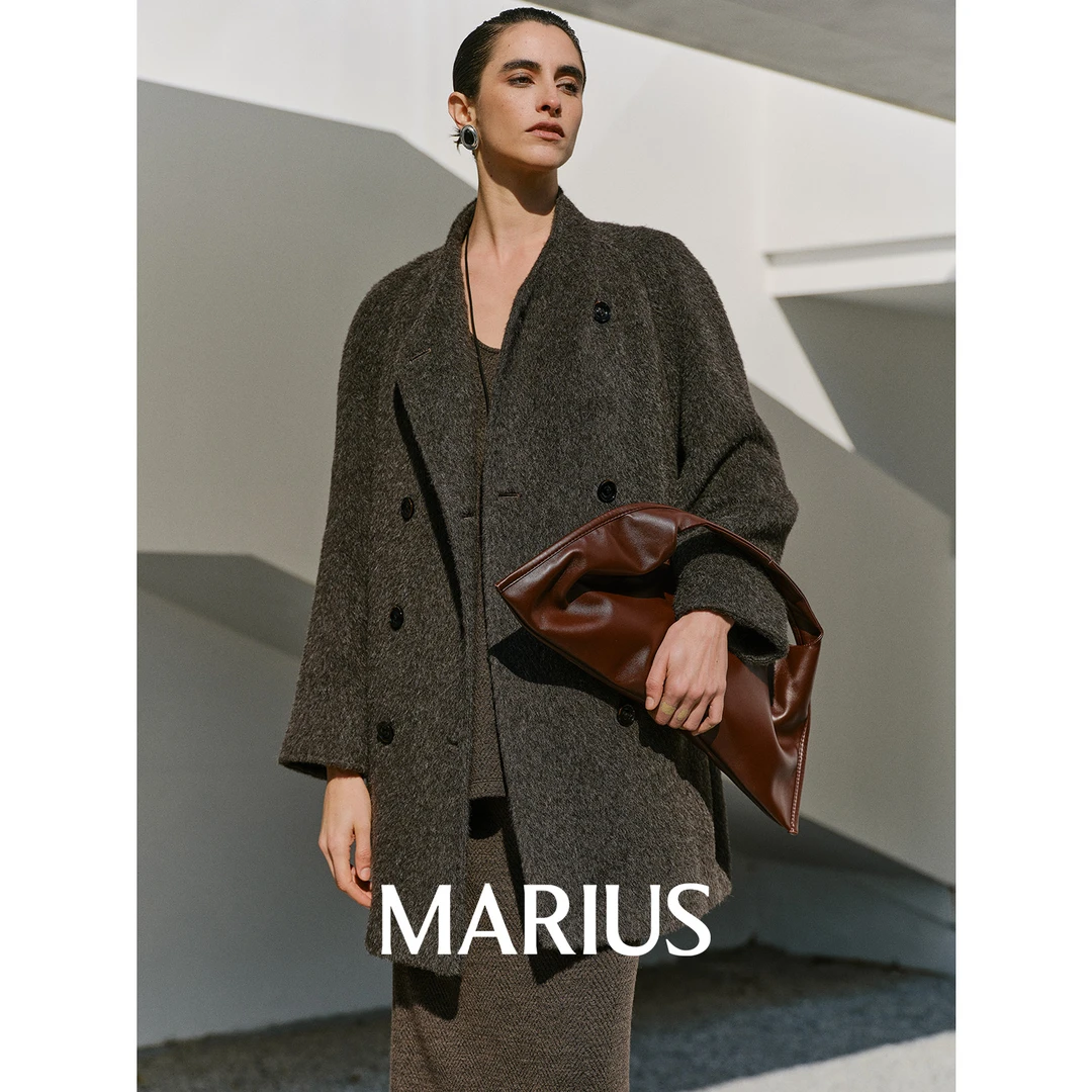 MARIUS“鱼子酱大衣”时尚感双排扣A摆保暖中长款外套冬季复古大衣