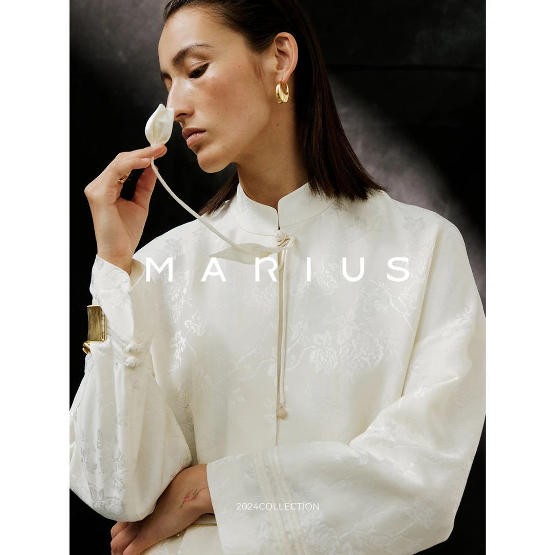 MARIUS“白玉兰”经典缎纹桑蚕丝新中式外套高定光泽感国风半裙套装