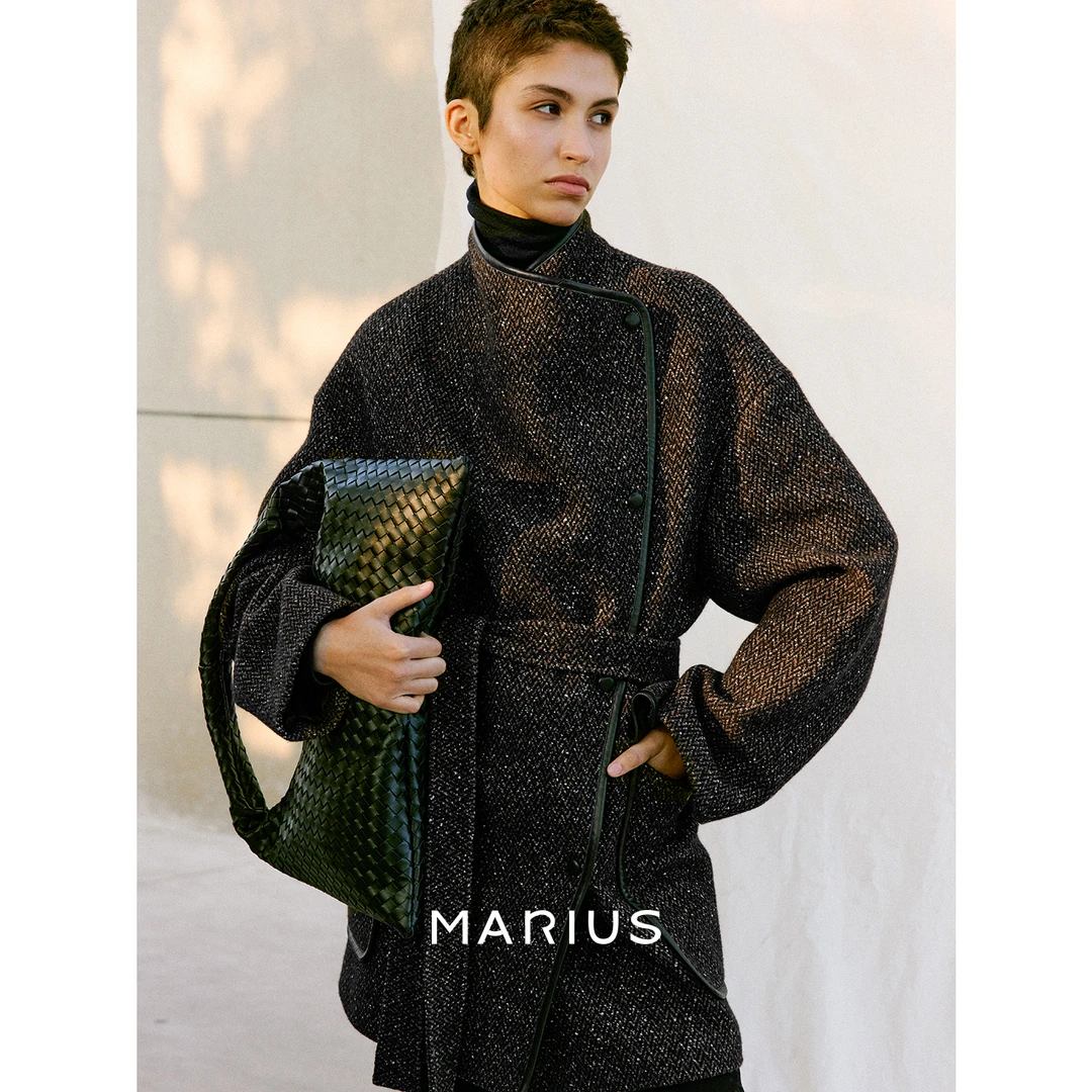 MARIUS“卡门”优雅老钱风人字纹拼皮宽松直身腰带大衣