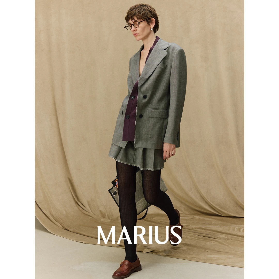 MARIUSMARIUS“夹心饼干”减龄可拆卸撞色领西装百褶短裙