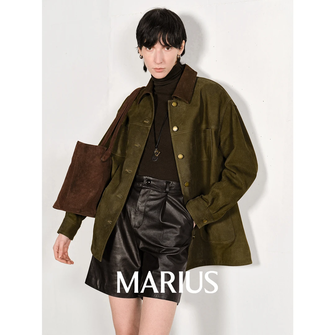 MARIUS“旅行家”重磅立体条纹绒面小羊皮四袋撞色皮夹克