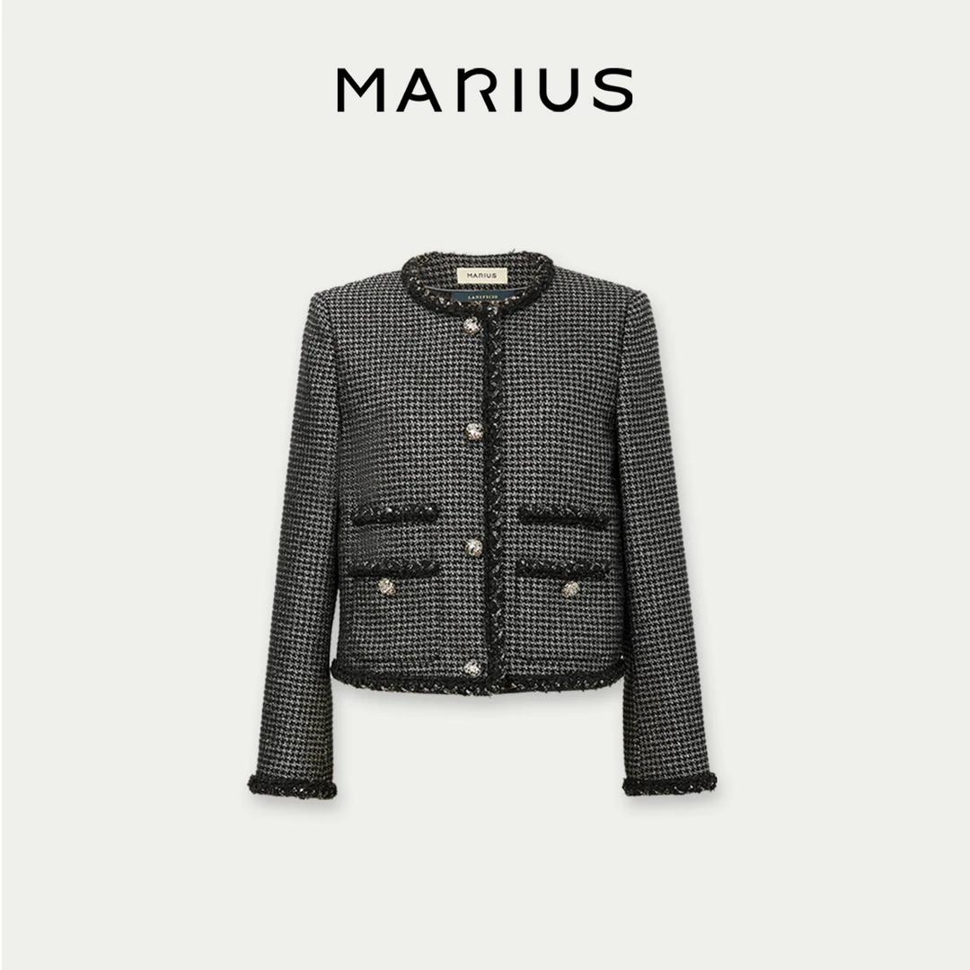 MARIUS“银千鸟”气质轻奢短款时尚百搭优雅舒适圆领双贴袋小香外套