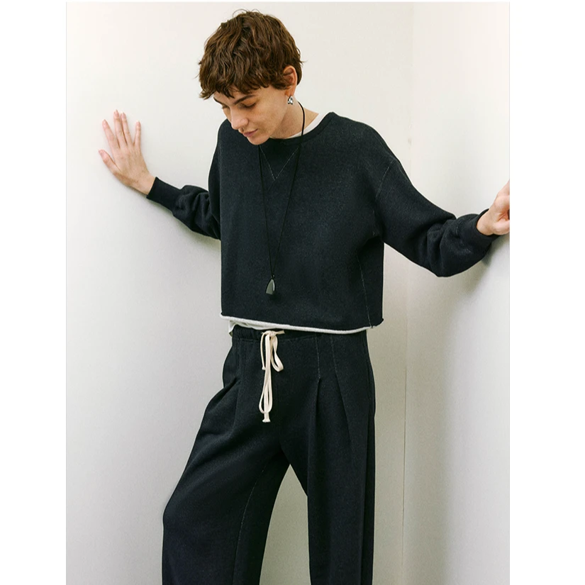 MARIUS“原籽套”高密松软长绒棉小圆领卫衣双褶卫裤套装上衣