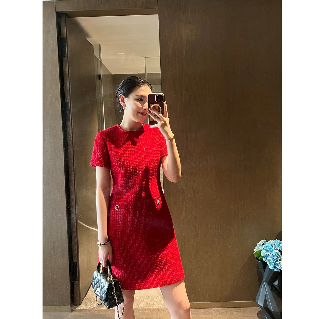 MARIUS重磅”红运裙”新西兰绵羊毛亮丝羽毛纱高定立裁A摆连衣裙