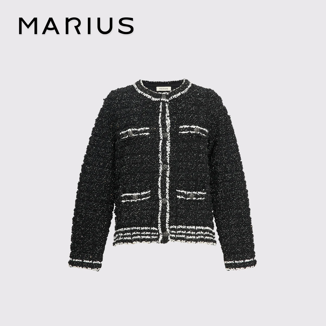 MARIUS"冬日恋人"气质轻奢时尚百搭款名媛撞色浮线针织黑色女开衫