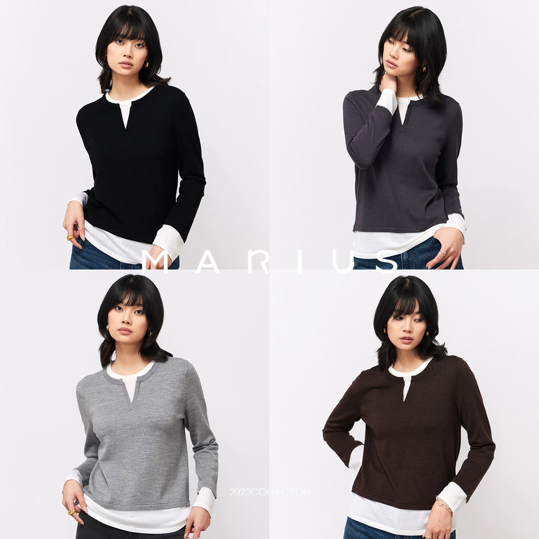 MARIUS扬子 100%精纺美利奴层次穿搭假两件针织衫女冬季
