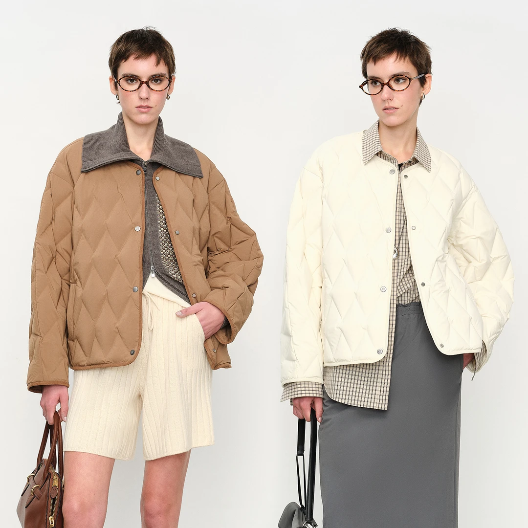 MARIUS“奶酪包”轻盈裸感菱格绗缝白鸭绒极简无领式羽绒服外套