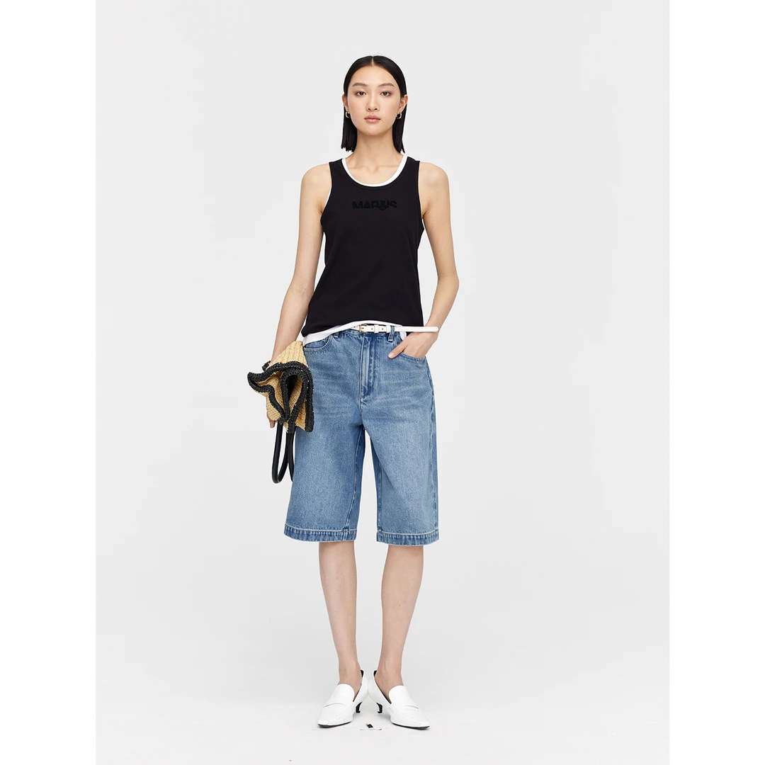 MARIUS INS宽松5分休闲牛仔短裤女VINTAGE夏季复古闪钻短裤