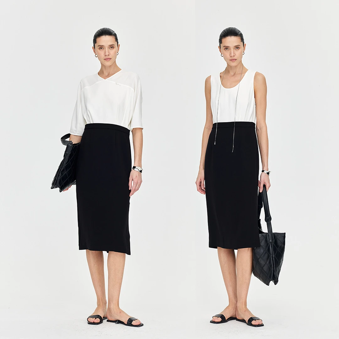 MARIUS“黑胶片”进口三醋酸蝙蝠袖假两件撞色连衣裙夏赠胸针气质