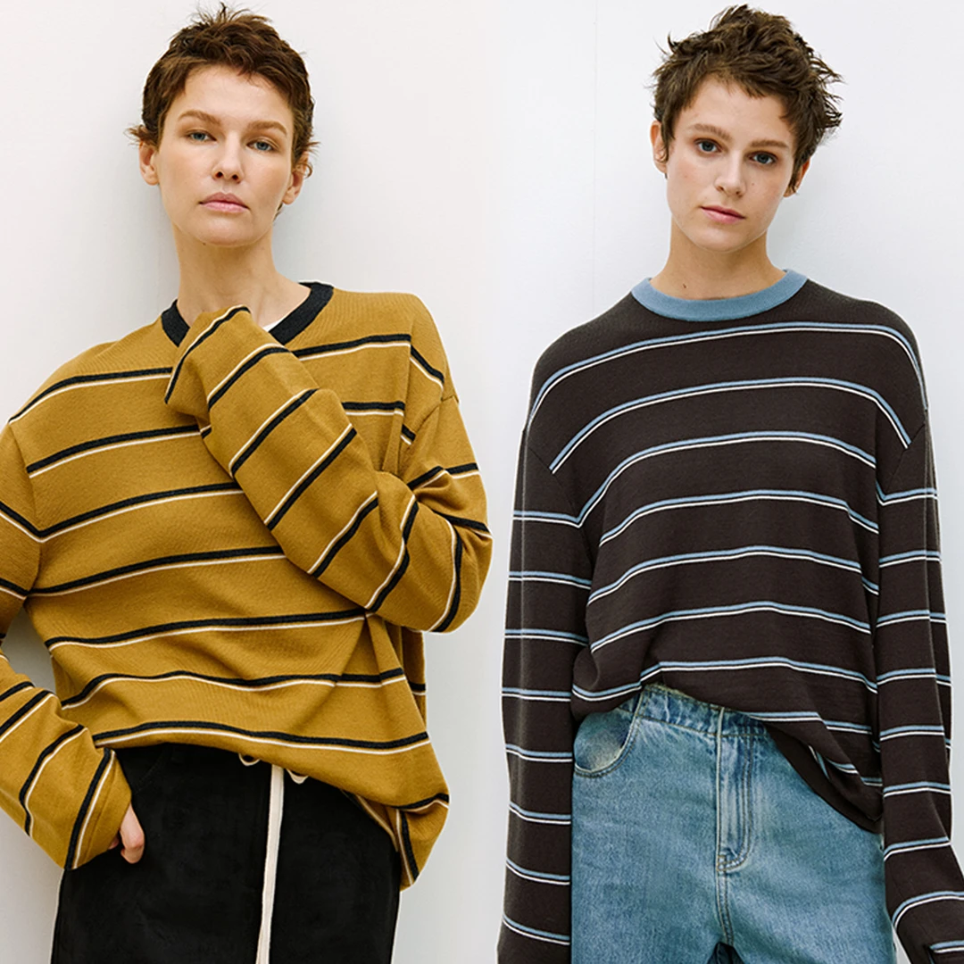 MARIUS“平行线”裸感温暖纯羊毛撞色圆领细条纹宽松针织衫
