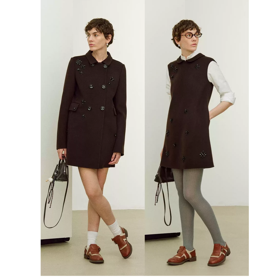 MARIUS“彼得潘“羊毛双面呢手工钉珠娃娃领大衣外套连身裙