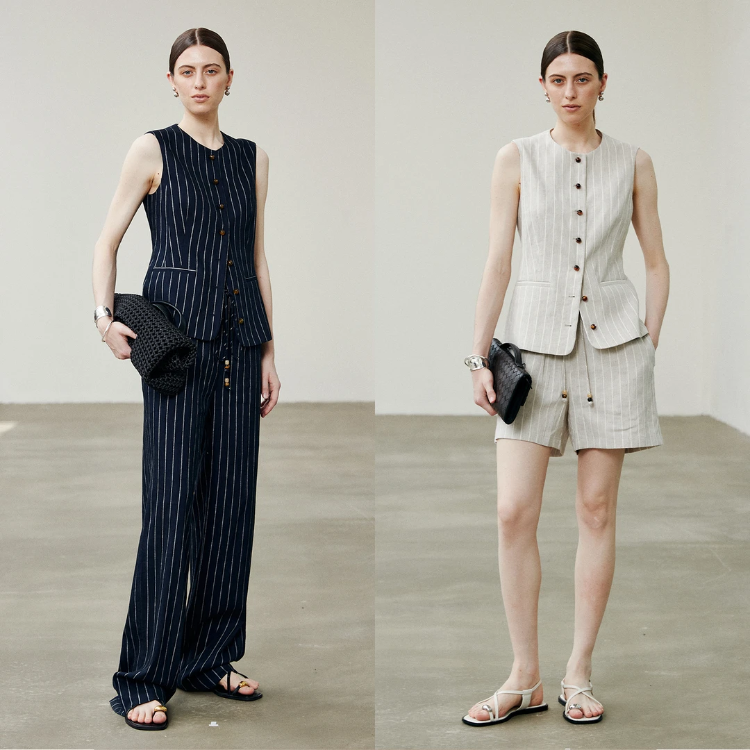MARIUS“马德里”麻感条纹马甲套装复古老钱风长裤显瘦棉麻短裤