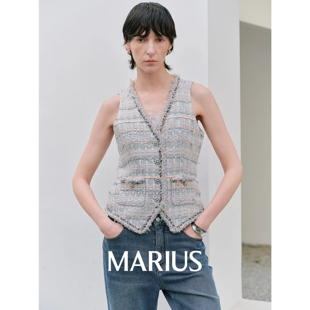 MARIUS“银莲花”小香风针织短款夏季复古无袖粉银小香马甲复古穿搭