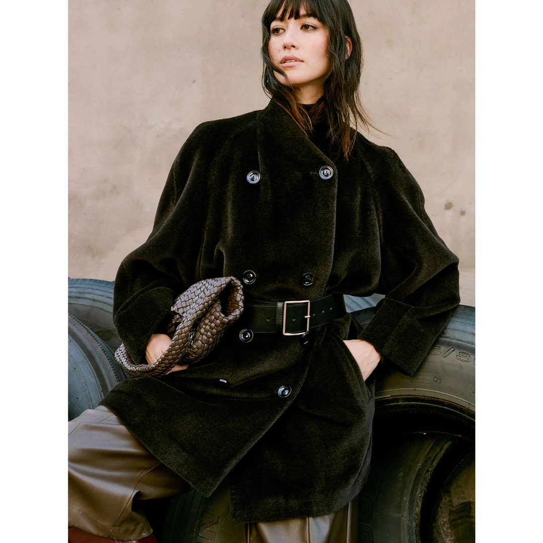 MARIUS“鱼子酱大衣”时尚感双排扣A摆保暖中长款大衣外套冬季