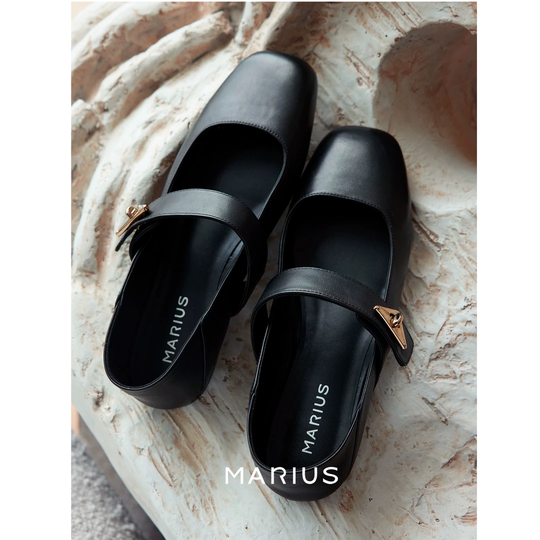 MARIUS精致千金小牛皮金属扣袢平底玛丽珍黑色小皮鞋