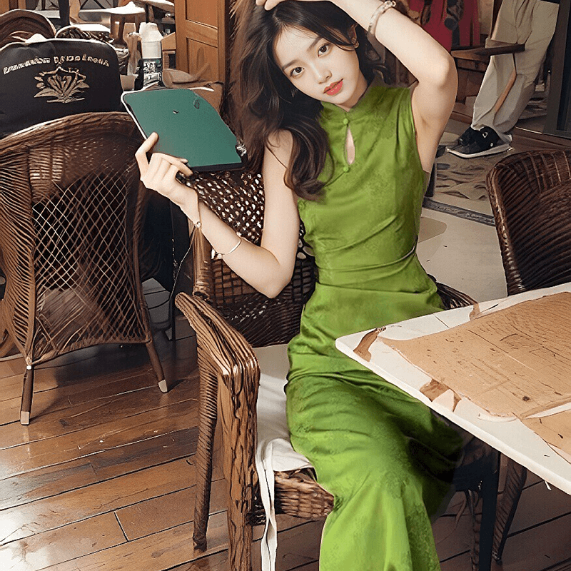 温柔风新中式改良版旗袍印花连衣裙女夏修身盘扣叉包臀中长裙970