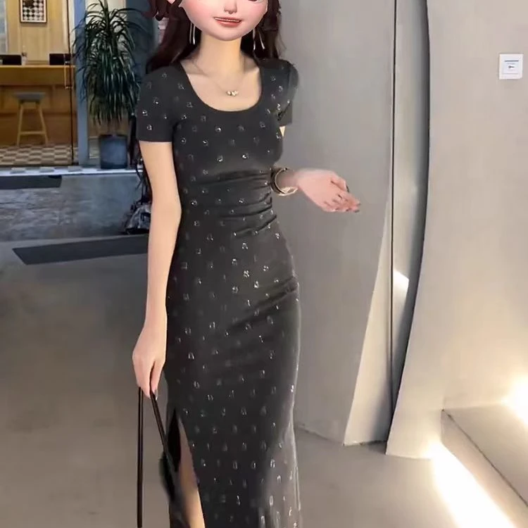 2024新款开叉短袖连衣裙女夏季气质收腰显瘦包臀长裙子9039