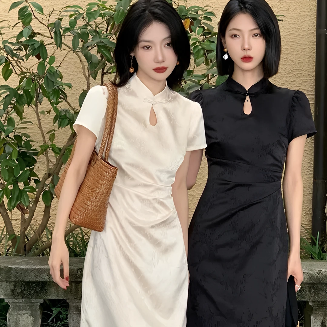 新中式国风重工提花短袖女夏季复古高级感气质修身连衣裙915