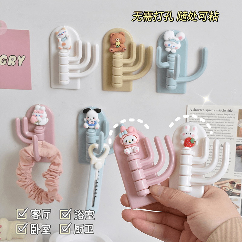 可爱卡通无痕三钩挂钩免打孔 粘钩子宿舍家用门后钥匙旋转