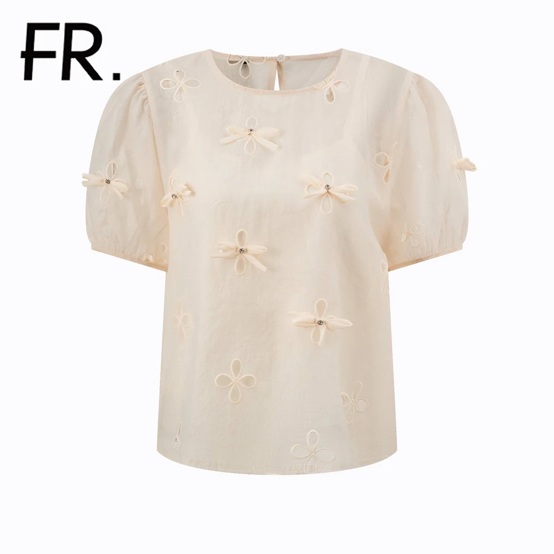 凡人优品女装小衫时尚外穿夏季舒适带内搭中式气质圆领上衣V468