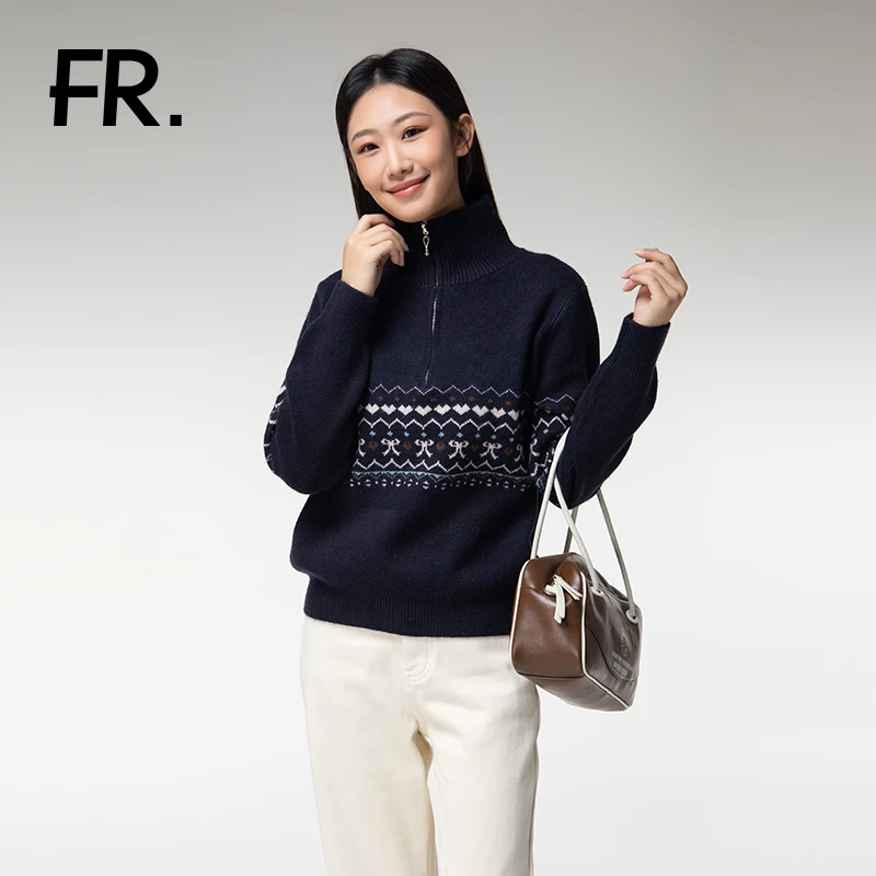 凡人优品毛衣外穿时尚简约慵懒外穿保暖宽松秋冬圆领半拉链M571