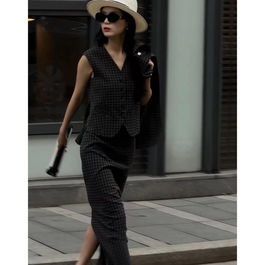【格纹】高级感时尚秋季女装2024年小香风撞色拼接格纹西装套装