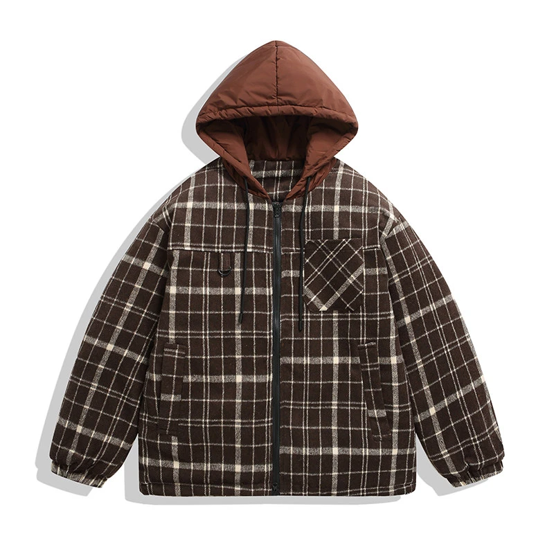 格子拼接毛呢外套连帽棉衣男士休闲棉服男女保暖秋冬冬季格纹情侣