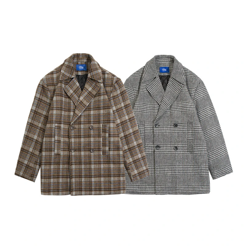 秋冬新款加棉加厚呢料中长款格子棉衣棉服胖胖服男棉服外套男士