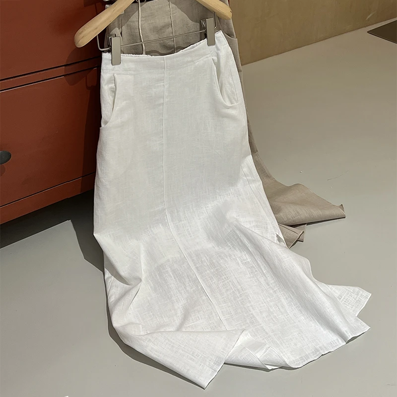 【简约清冷风】苎麻双半身裙女夏A字高腰松紧腰开叉显瘦气质长裙子