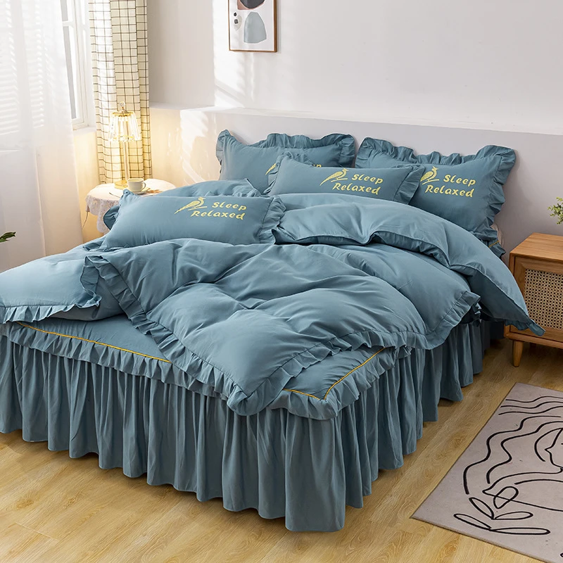 【四季通用】全棉磨毛秋新韩式公主风床上4四件套被套床裙床笠纯棉