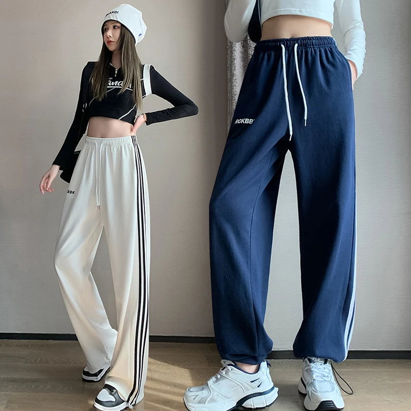 nis潮条纹运动裤女小个子9分束脚口休闲裤两穿垂感阔腿哈伦裤遮胯