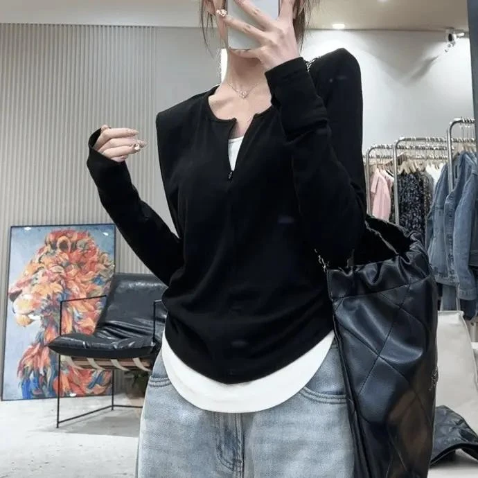 撞色假两件长袖t恤女2024早秋新款减龄修身时髦洋气打底衫上衣女