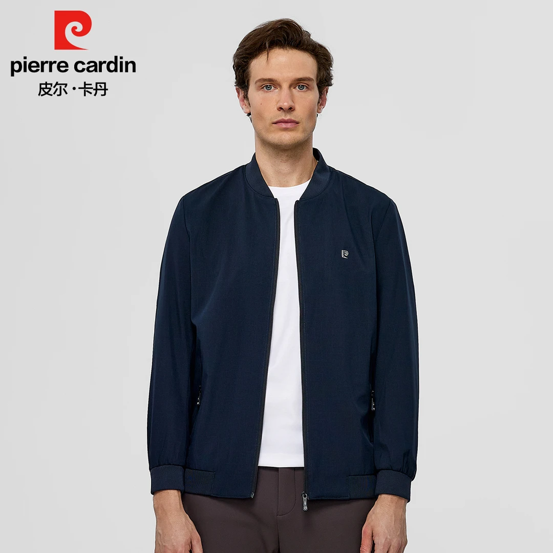 皮尔卡丹秋季新款螺纹棒球领暗格纹提花夹克商务休闲舒适经典上衣