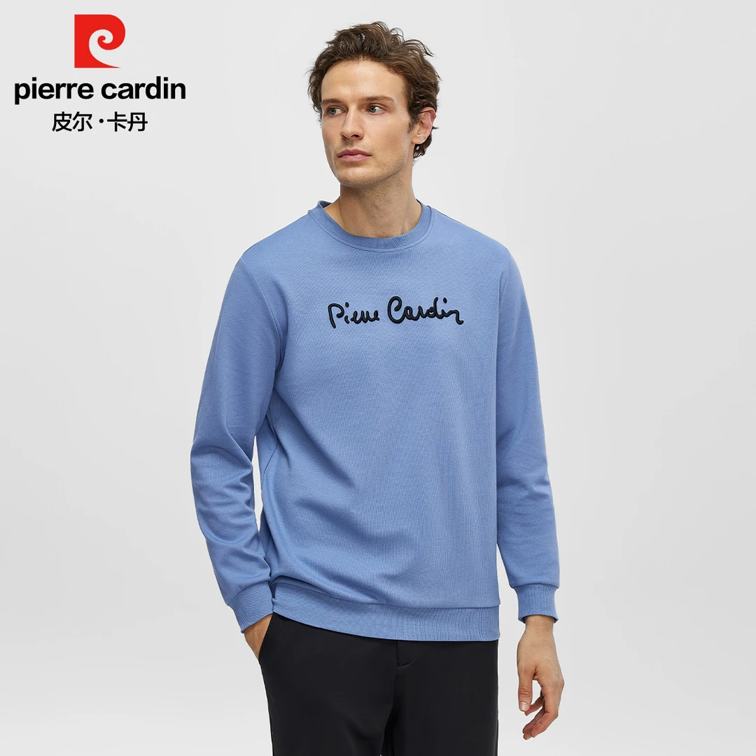 皮尔卡丹春秋印花男士圆领卫衣舒适休闲简约前胸英文立体包绳绣花