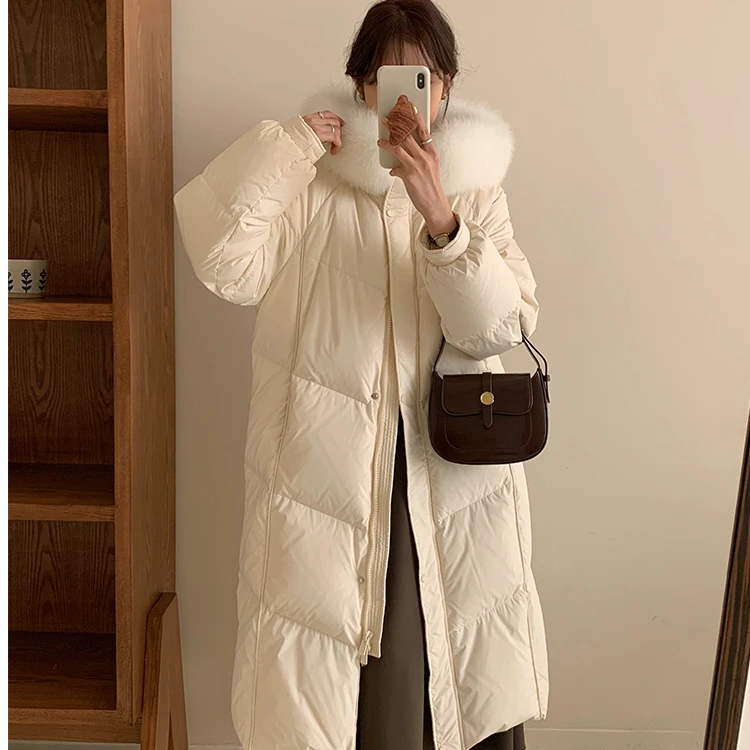 90白鹅绒大毛领羽绒服女2025新款高端时尚连帽中长款过膝加厚冬季