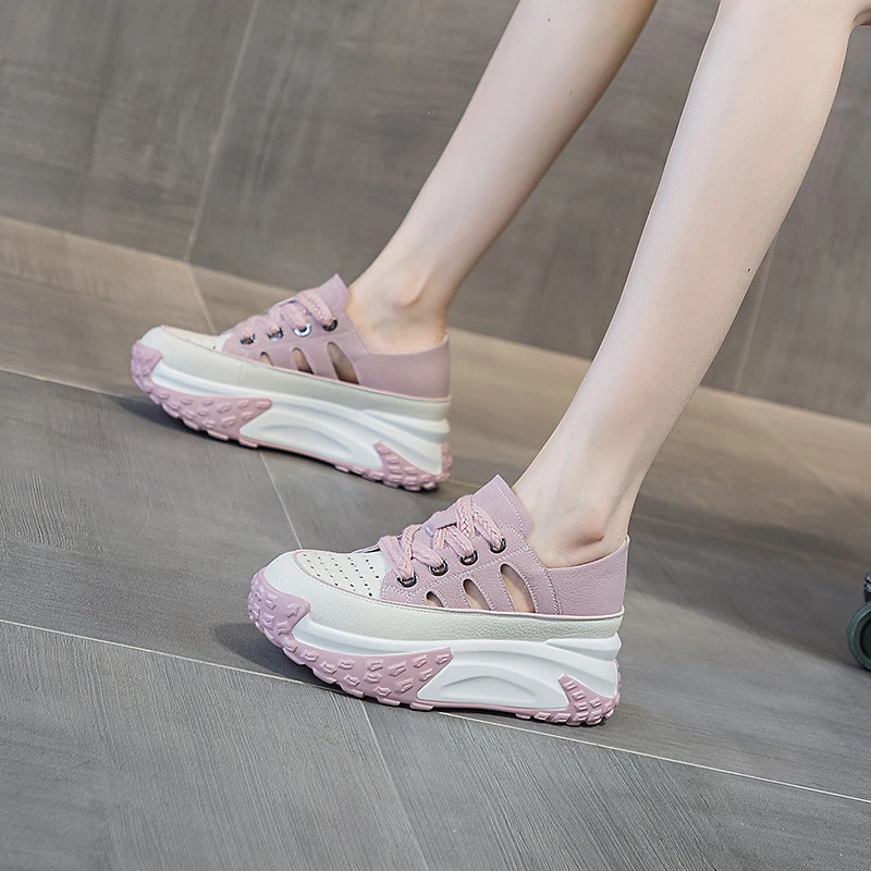 真皮镂空老爹鞋女夏季2024新款复古轻便内增高休闲运动鞋厚底凉鞋