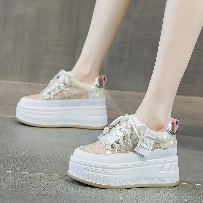 夏天亮片网纱透气内增高小白鞋女7cm厚底运动休闲鞋松糕蕾丝网鞋
